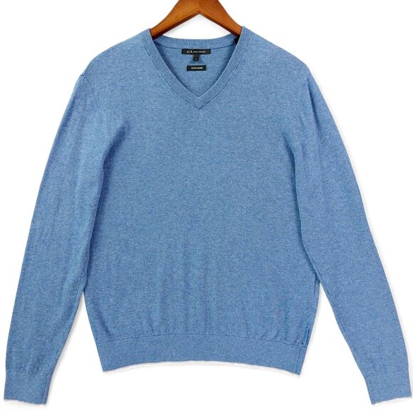 Armani Exchange Sweater Mens Large Heather Blue V-Neck Cotton Cashmere Pullover - Picture 1 of 9